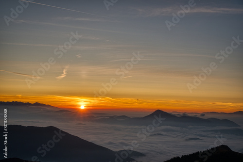 Mist flood the valley and mountains at the beautiful sunrise  slovakia  great rozutec