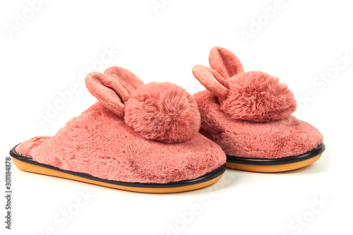 Cute warm fluffy women's Bunny Slippers isolated on white background