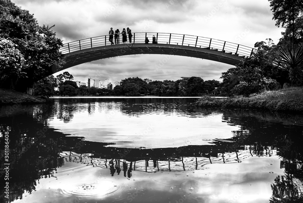 Random people standing on a curved bridge over a lake