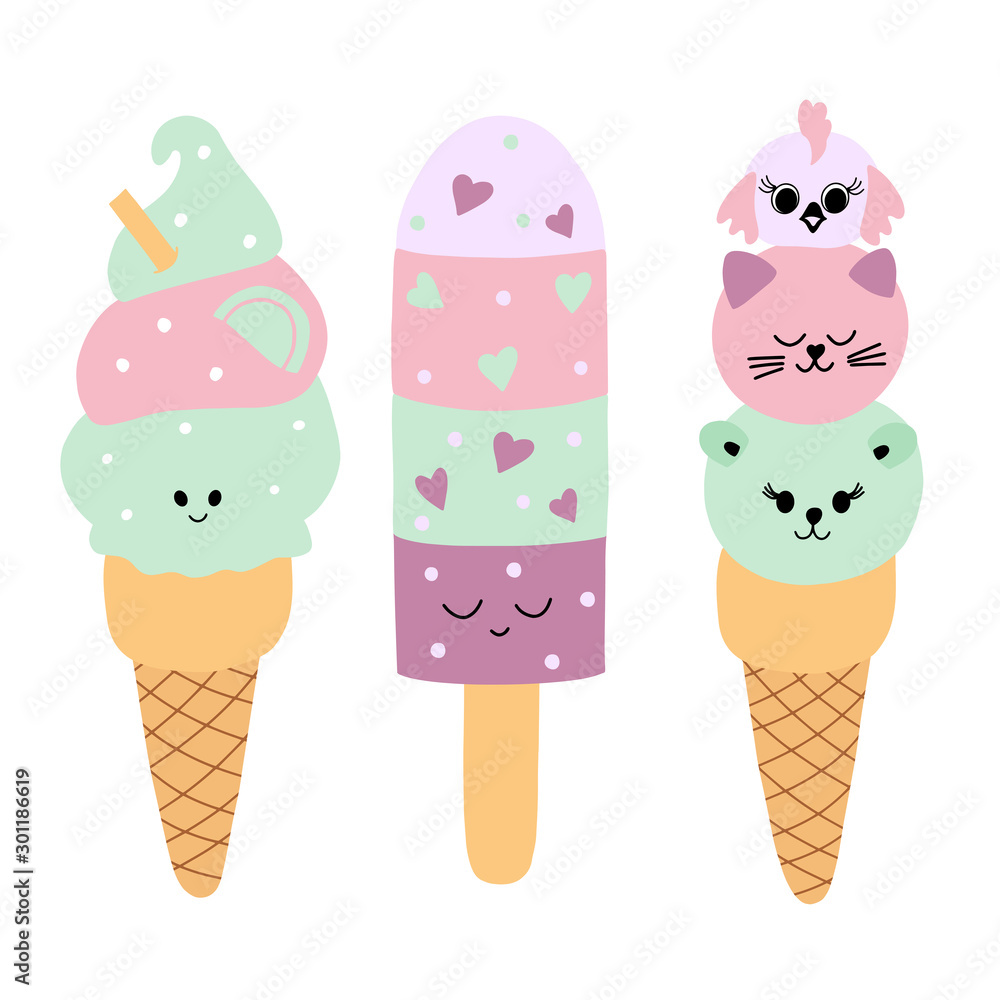 Cute Kawaii food characters - ice-cream cat, dog, bird isolated on white background. Vector sweet dessert illustration eps10 Cute Kawaii food characters - ice-cream cat, dog, bird isolated on white background. Vector sweet dessert illustration eps10