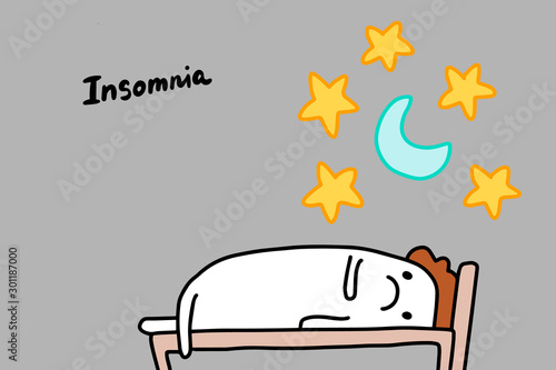 Insomnia depression symptom hand drawn vector illustration in cartoon comic style man with open eyes at night