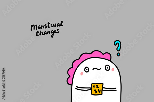Menstrual changes hand drawn vector illustration with cute cartoon comic woman holding calendar depression symptom