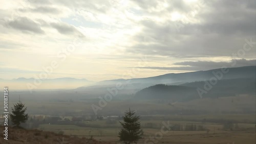 Snowing landscape in late autumn season. First snow view , calm quiet nature landscape