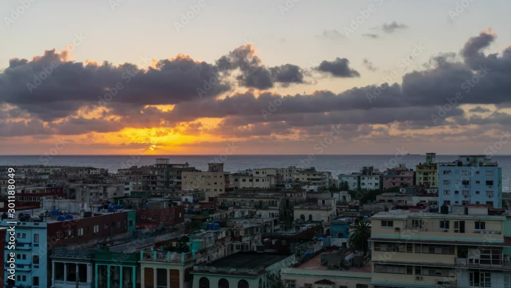 Aerial Time lapse view of the residential neighborhood in the Havana City, Capital of Cuba, during a colorful and cloudy sunset. Aerial Time lapse view of the residential neighborhood in the Havana City, Capital of Cuba, during a colorful and cloudy sunset.