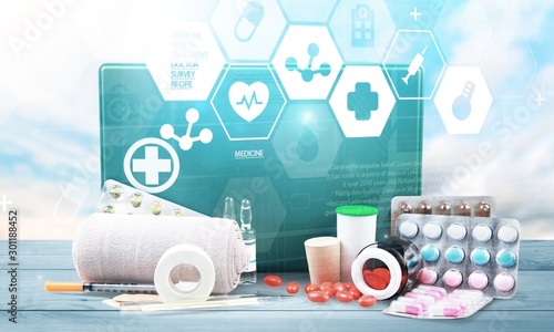 First aid kit  with medical supplies on light background