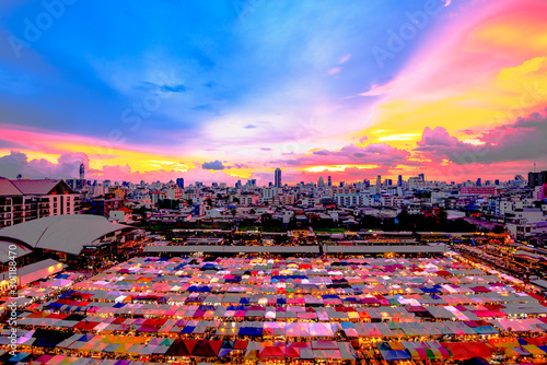 Bangkok  Thailand - June 3  2018 Train Night Market Ratchada Thailand a large night market with colorful tents  plenty of food  seafood  lots of people and tourists to come and eat at cheap prices.