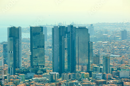 Urban landscape of European side of Istanbul and Bosphorus Strait on a horizon. Shooting through the glass.
