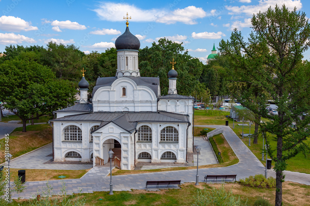 White-stone Orthodox Church in the center of Moscow on the embankment of the Moscow River
