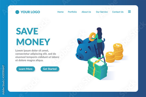save money isometric website landing page template