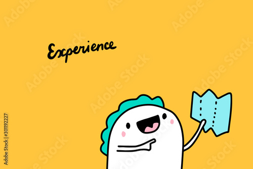 Experience hand drawn vector illustration with cartoon comic man holding map travelling