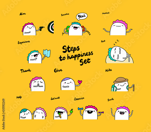Steps to happiness selfcare support hand drawn vector illustration in cartoon comic style people man doing healthy activities