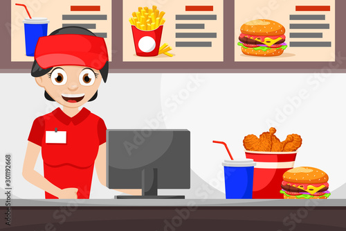 Female cashier takes order in fast food cafe.