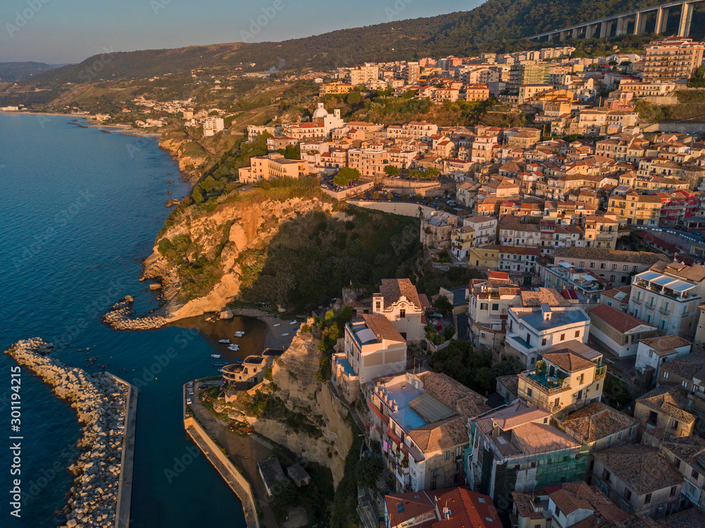 Aerial view of Pizzo Calabro, Calabria, tourism Italy. Panoramic view of the small town of Pizzo Calabro by the sea. Houses on the rock. On the cliff stands the Convento S. Francesco Di Paola