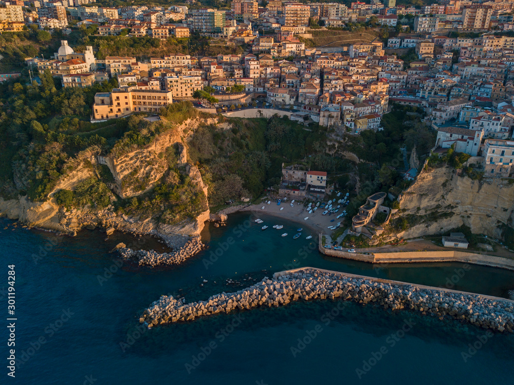 Aerial view of Pizzo Calabro, Calabria, tourism Italy. Panoramic view of the small town of Pizzo Calabro by the sea. Houses on the rock. On the cliff stands the Convento S. Francesco Di Paola