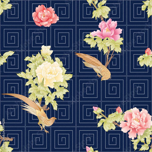 Peony tree with flowers with pheasants in the style of Chinese painting and Japanese embroidery Sashiko. Seamless pattern, background. Colored vector illustration. On black, dark blue background.