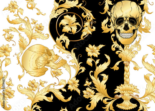 Seamless floral pattern, background In baroque style with human skull in gold white and black colors vector illustration