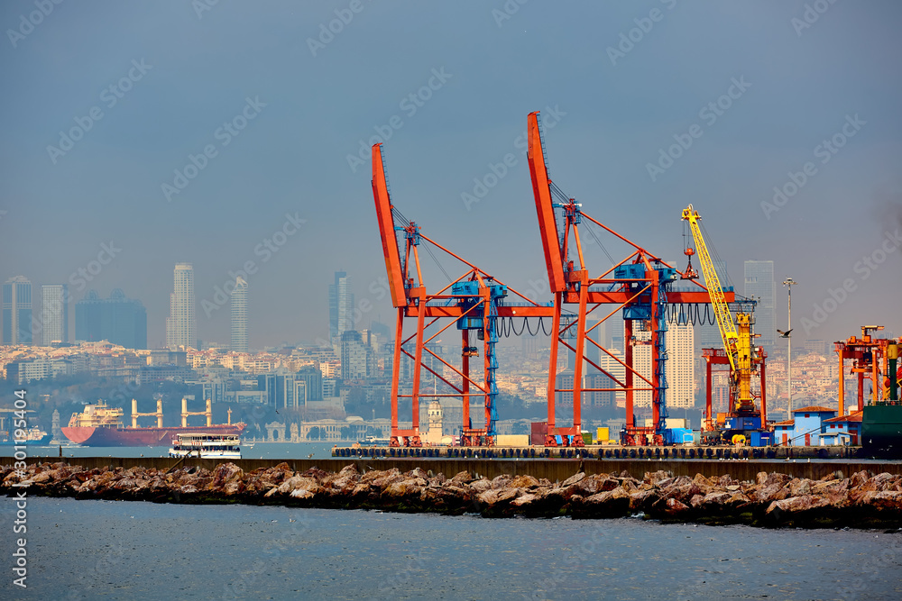 Logistics and transportation of Container Cargo ship and Cargo plane with working crane bridge in shipyard, logistic import export and transport industry background