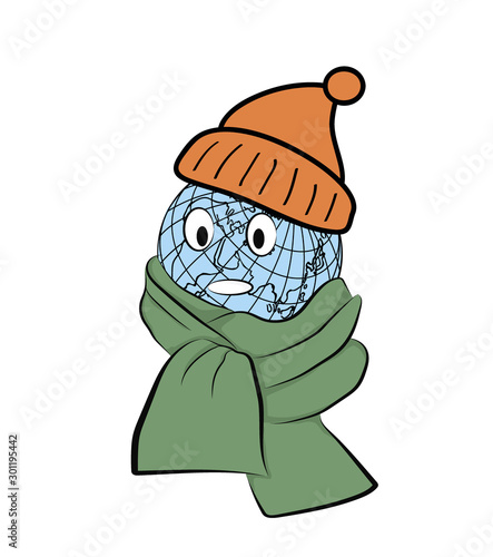 globe wrapped in a scarf and hat. cooling concept. vector illustration.