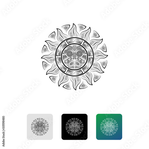 Black aztec icon isolated on white background. Aztec icon. Geometric actecs god logo design. Set icons colorful square buttons. Vector Illustration