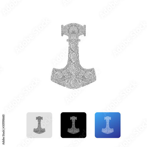 Black mjolnir icon isolated on white background. Hammer icon. Geometric cross logo design. Set icons colorful square buttons. Vector Illustration