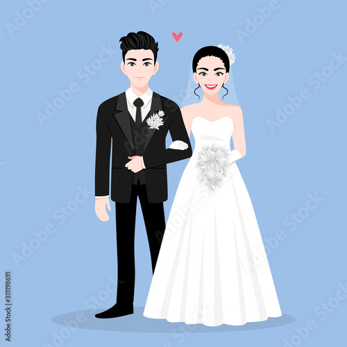 Love couple on wedding day in a blue background. Valentine s Day cartoon character and abstract design vector