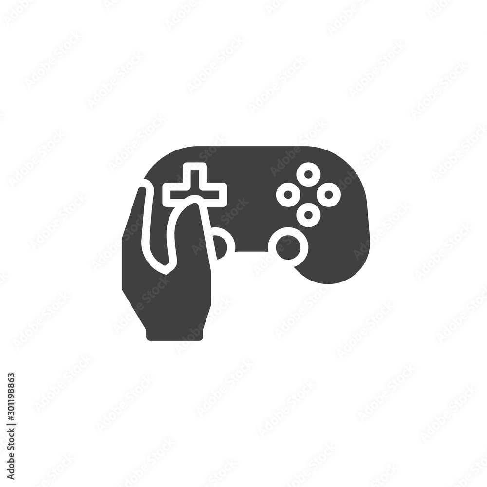 Vektorová grafika „Hand holding game controller vector icon. filled flat  sign for mobile concept and web design. Hand with gamepad joystick glyph  icon. Symbol, logo illustration. Vector graphics“ ze služby Stock