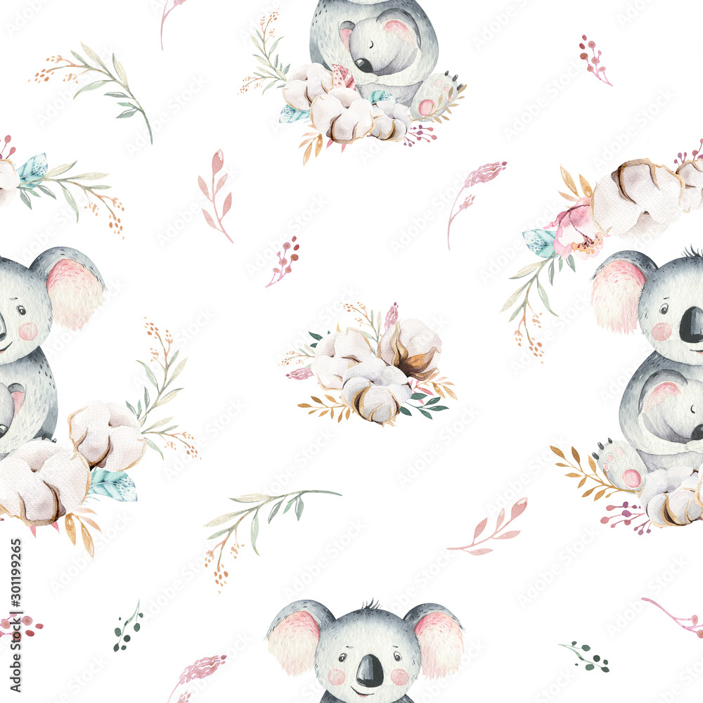 Watercolor cute cartoon little baby and mom koala with floral wreath ...