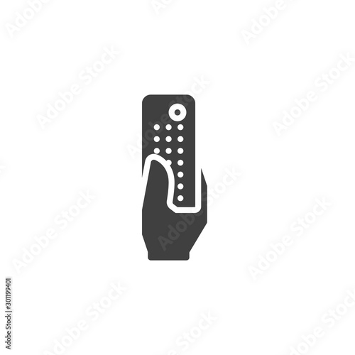 Hand with remote control vector icon. filled flat sign for mobile concept and web design. Using tv remote control glyph icon. Symbol, logo illustration. Vector graphics