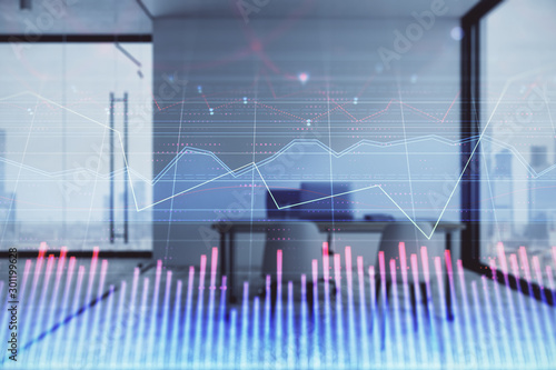 Forex chart hologram with minimalistic cabinet interior background. Double exposure. Stock market concept. © Andrey