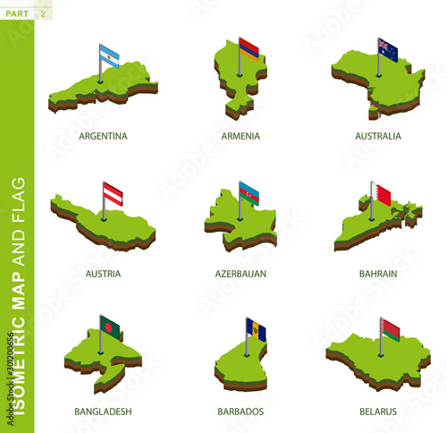 Set of 9 isometric map and flag, 3D vector isometric shape.