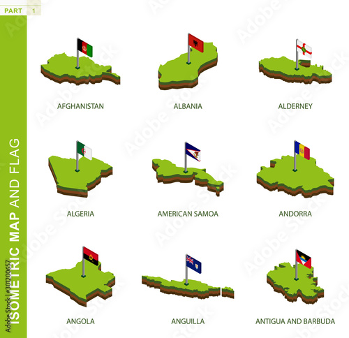 Set of 9 isometric map and flag, 3D vector isometric shape.