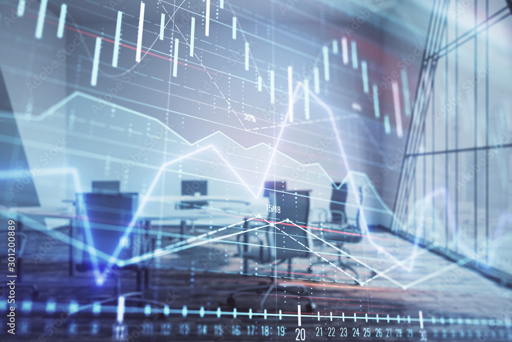 Multi exposure of stock market graph on conference room background. Concept of financial analysis Multi exposure of stock market graph on conference room background. Concept of financial analysis