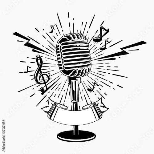 Microphone and notes music emblem