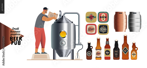 Brewery, craft beer pub -small business graphics - brewing process and some beer elements -modern flat vector concept illustrations -draught beer tank and brewer, beer bottles, mats and casks