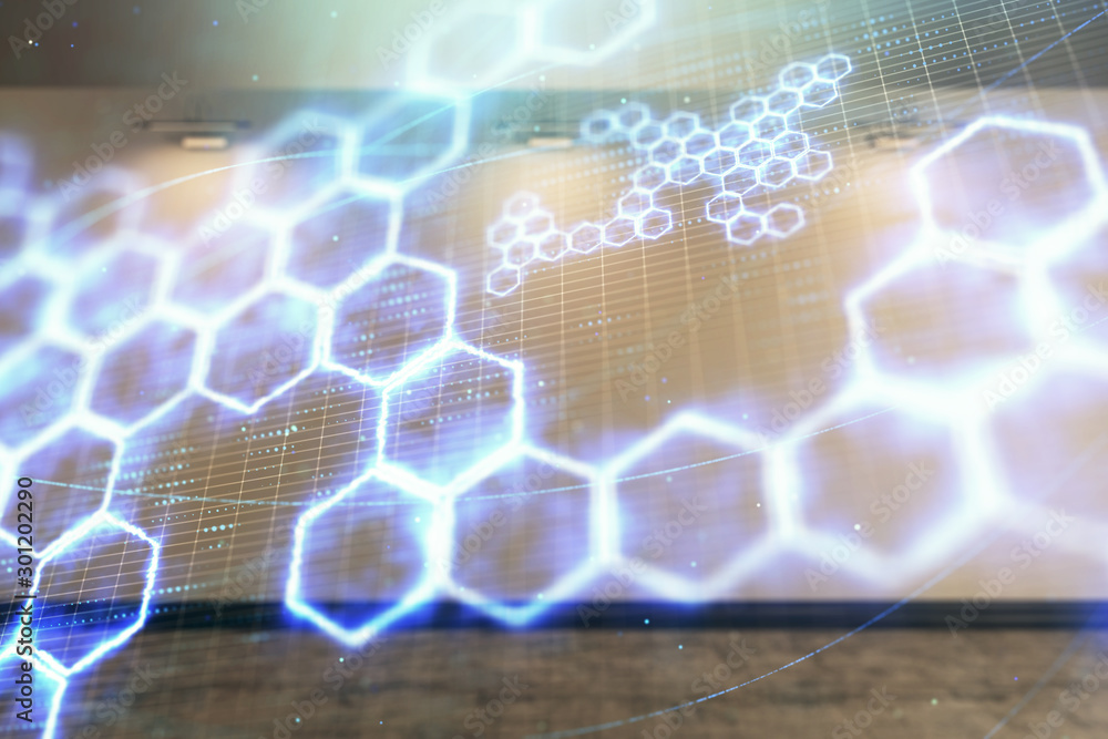 Obraz premium Double exposure of abstract technology hologram on empty room interior background.