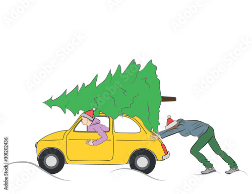 man pushes a car with a Christmas tree. happy christmas holidays. festive mood. vector illustration.