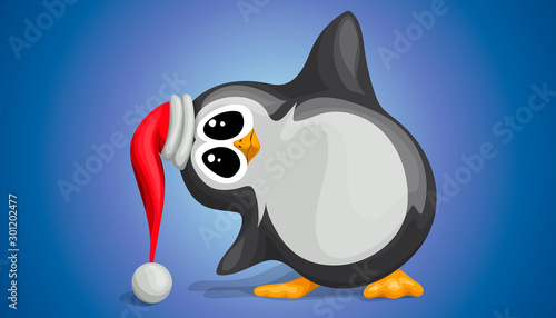 Cute penguin in a Christmas hat waving his paw in a vector cartoon style.