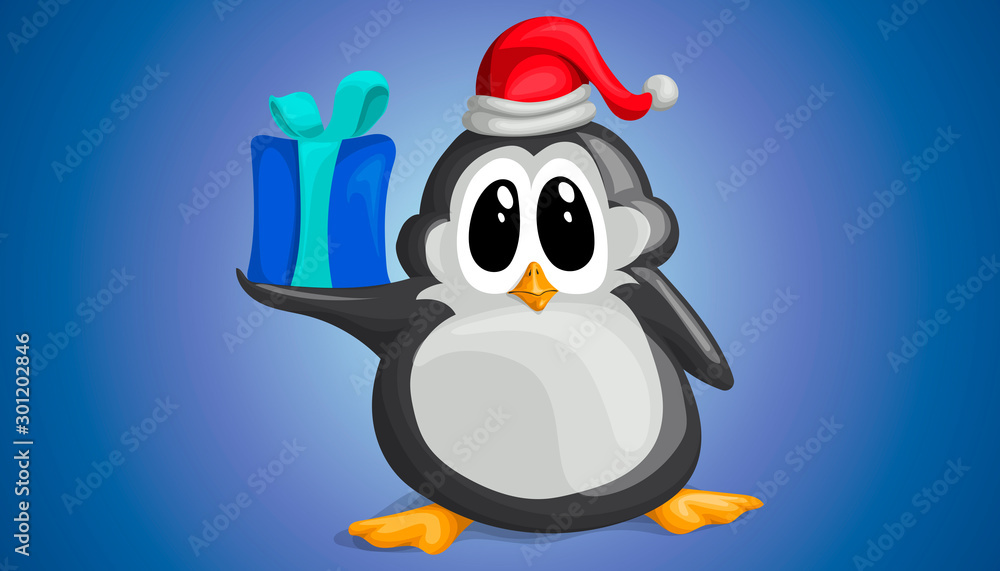 Naklejka premium Cute penguin in Christmas hat with gift on paw in vector cartoon style