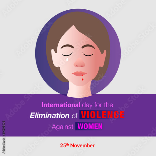Creative banner/poster/campaign ad for International day for the elimination of violence against women, in November 25. Sad/Crying woman with blood dripping from busted lip. 
