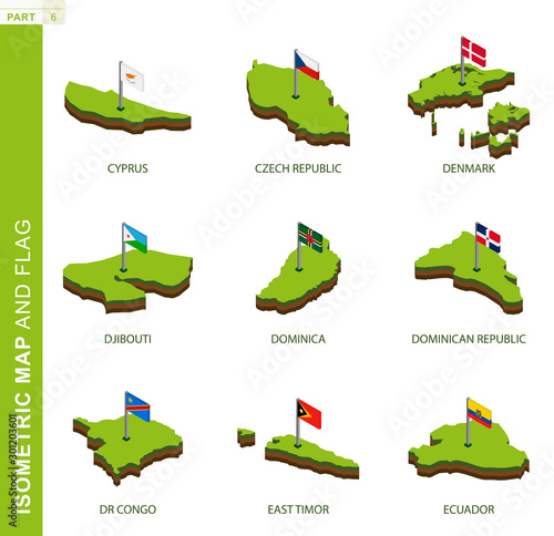 Set of 9 isometric map and flag, 3D vector isometric shape.