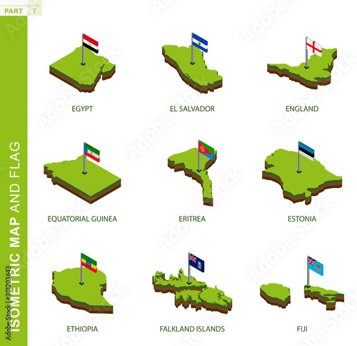 Set of 9 isometric map and flag, 3D vector isometric shape.