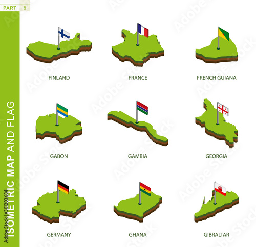 Set of 9 isometric map and flag, 3D vector isometric shape.