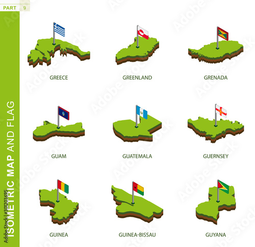 Set of 9 isometric map and flag, 3D vector isometric shape.