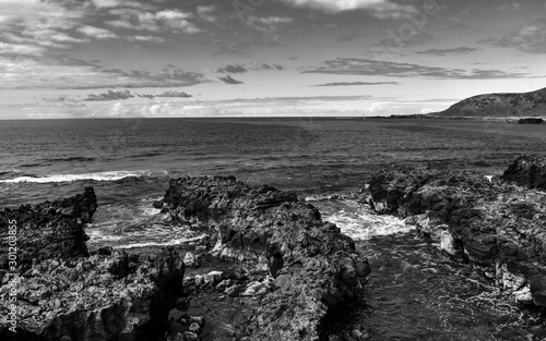 Seascape view from the atlantic ocean coast in black and white, autumn dramatic scenery, © LEO 78