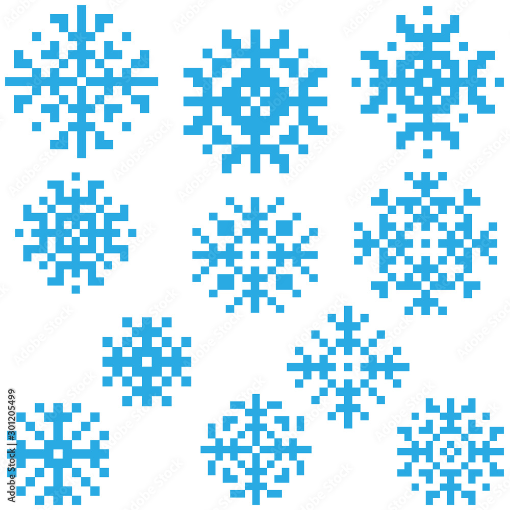 Snowflakes in pixel style . Christmas and New Year greetings Snowflakes in pixel style . Christmas and New Year greetings