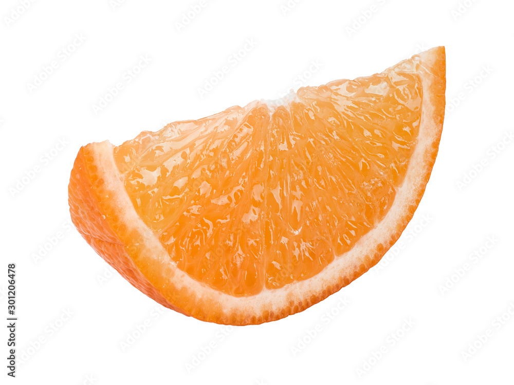 Slice of a ripe orange isolated on white background with copy space for text or images. Fruit with juicy flesh. Side view. Close-up shot. Slice of a ripe orange isolated on white background with copy space for text or images. Fruit with juicy flesh. Side view. Close-up shot.