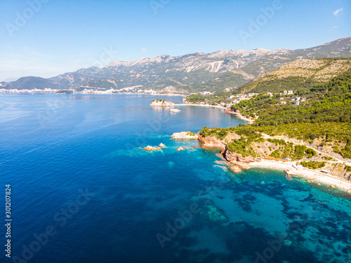 Budva coastlingon the adriatic coastline with budva old town and sveti stefan from an aerial perspective