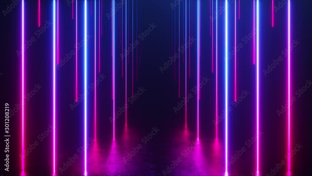 Endless corridor with neon lines tending up. Metal reflective scratched floor. Seamless loop 3d render. Modern colorful neon light spectrum