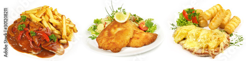 Cuadro en lienzo Verschiedene Schnitzel mit Beilagen und Salat