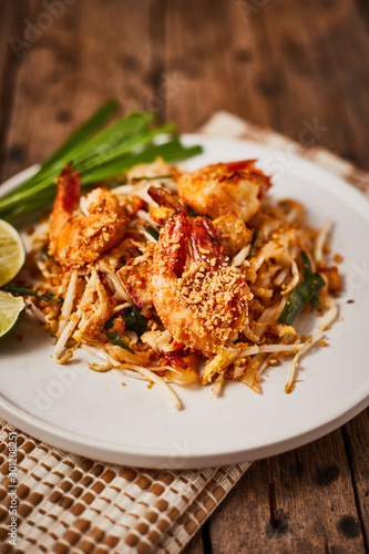 Padthai noodles with shrimps and vegetables.